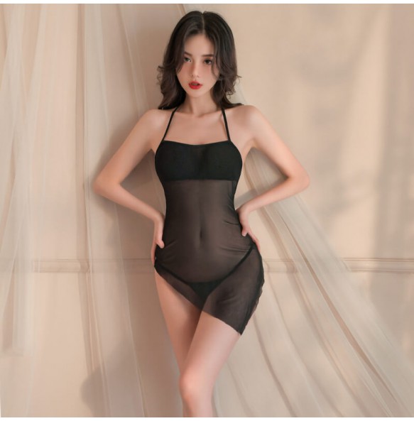 FEE ET MOI - Halter Neck Slip Sheer Nightgown (Black)